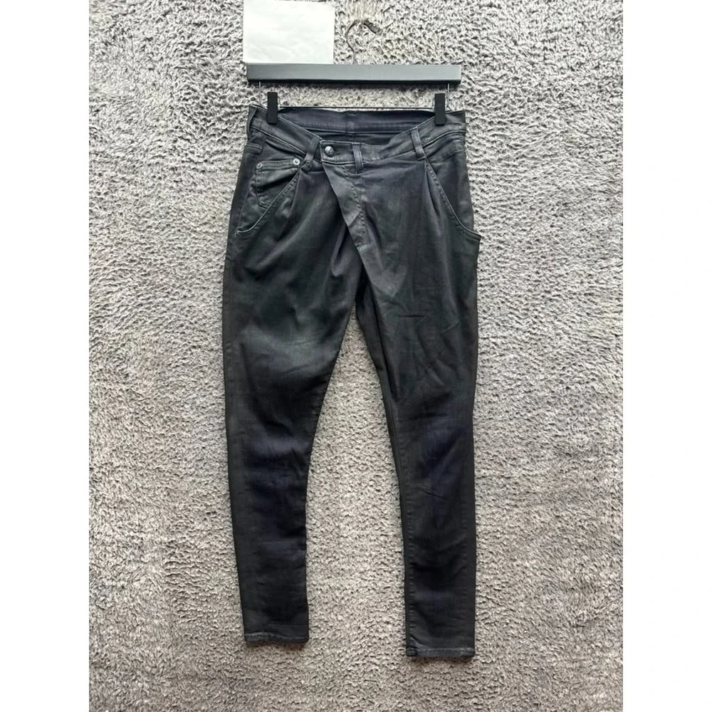 R13 X-Over Slim Fit Skinny Cross Over Denim Jeans Waxed Black Womens Size 25